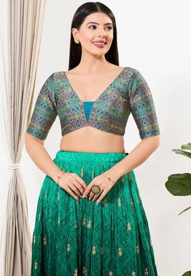 Women's brocade padded back open elbow sleeves saree blouse 1