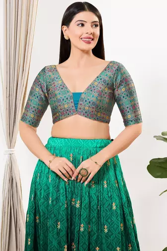 Women's brocade padded back open elbow sleeves saree blouse