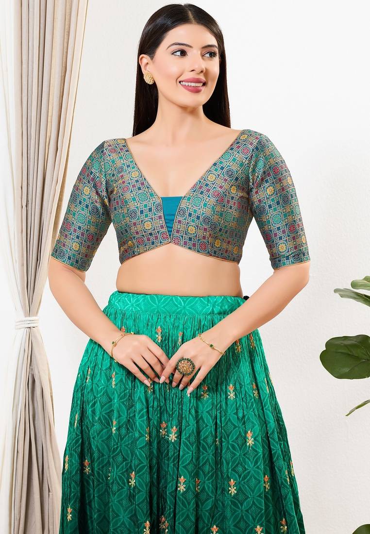 Women's brocade padded back open elbow sleeves saree blouse