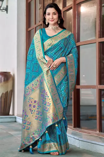 women's teal blue patola silk blend saree with geometric pattern