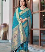women's teal blue patola silk blend saree with geometric pattern
