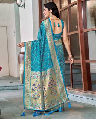 women's teal blue patola silk blend saree with geometric pattern 2