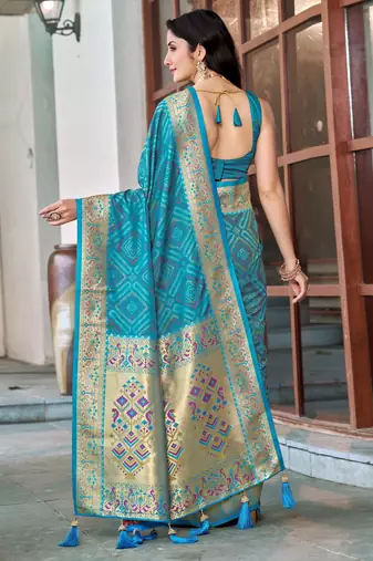 women's teal blue patola silk blend saree with geometric pattern