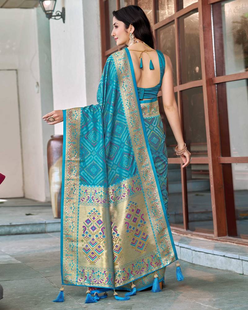 women's teal blue patola silk blend saree with geometric pattern