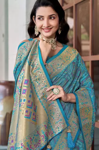women's teal blue patola silk blend saree with geometric pattern
