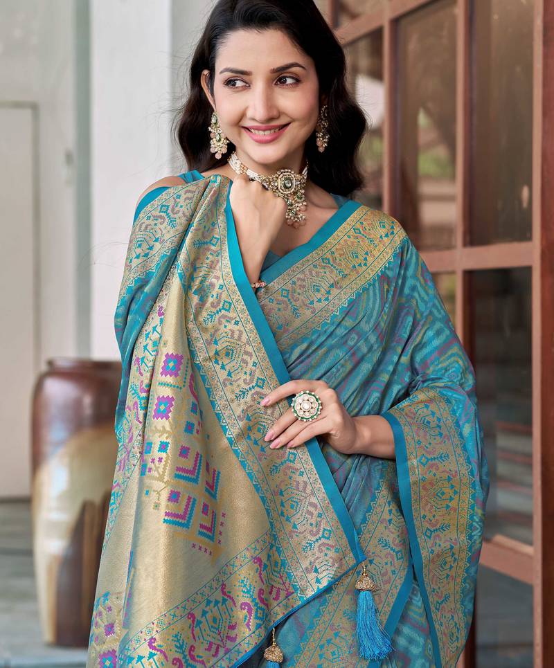 women's teal blue patola silk blend saree with geometric pattern
