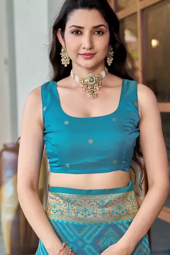 women's teal blue patola silk blend saree with geometric pattern