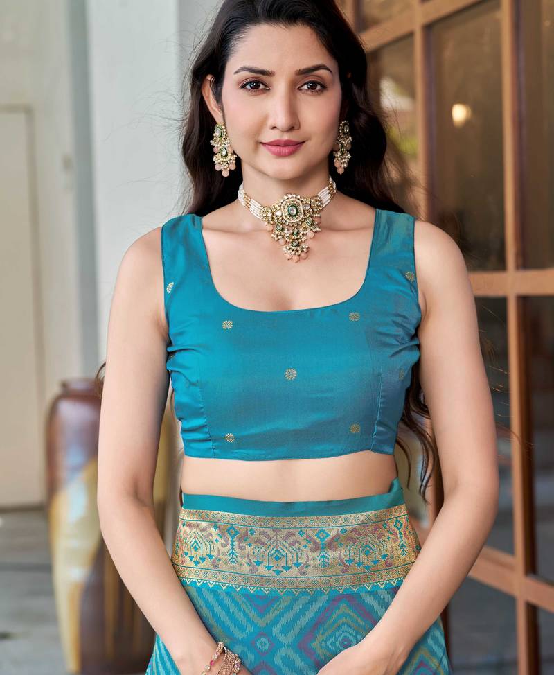 women's teal blue patola silk blend saree with geometric pattern