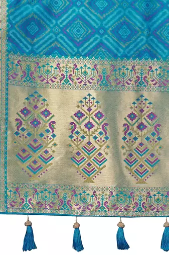 women's teal blue patola silk blend saree with geometric pattern