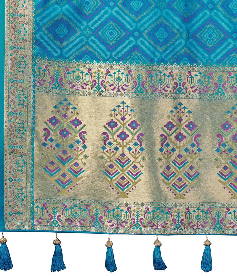 women's teal blue patola silk blend saree with geometric pattern