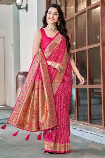 women's baby pink patola silk blend saree with geometric pattern