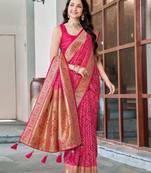 women's baby pink patola silk blend saree with geometric pattern