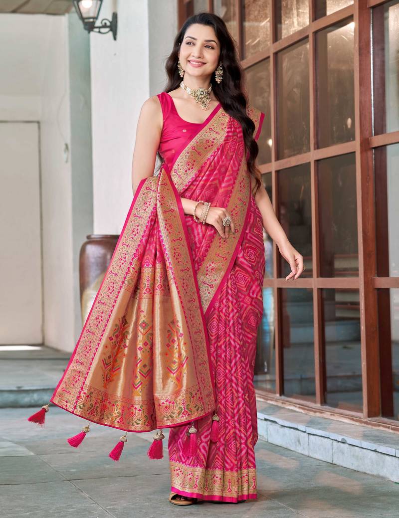 women's baby pink patola silk blend saree with geometric pattern