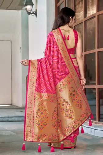 women's baby pink patola silk blend saree with geometric pattern