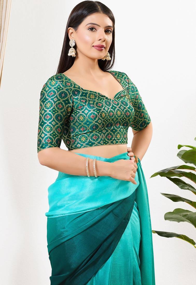 Women's brocade padded back open elbow sleeves saree blouse