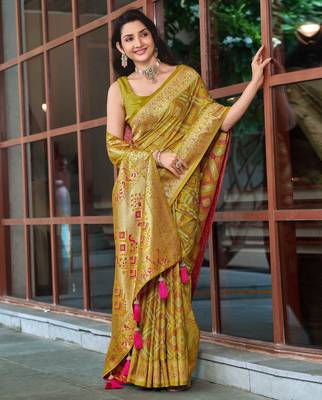 women's olive green patola silk blend saree with geometric pattern 1