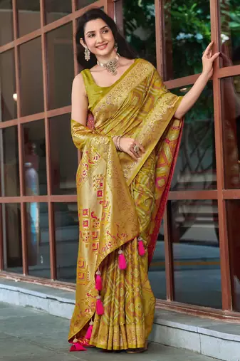 women's olive green patola silk blend saree with geometric pattern