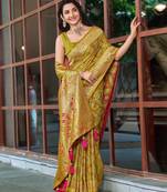 women's olive green patola silk blend saree with geometric pattern