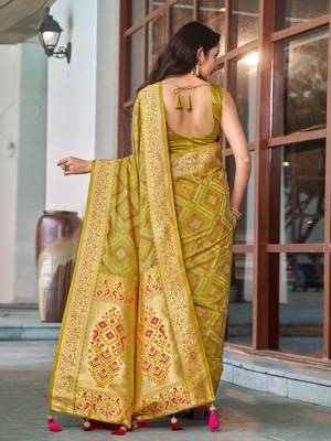 women's olive green patola silk blend saree with geometric pattern 2