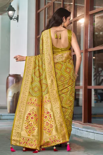 women's olive green patola silk blend saree with geometric pattern