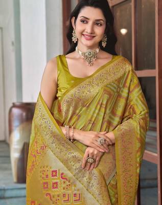 women's olive green patola silk blend saree with geometric pattern 3