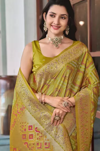 women's olive green patola silk blend saree with geometric pattern