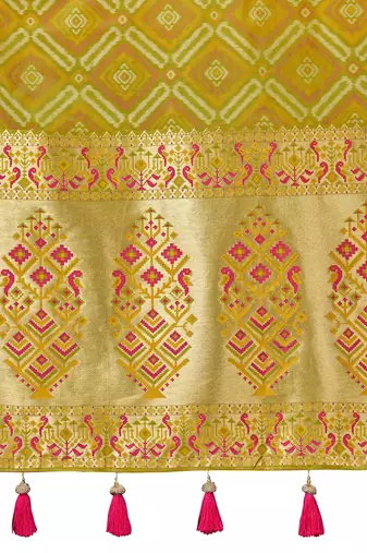 women's olive green patola silk blend saree with geometric pattern