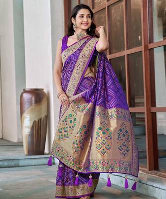 women's purple patola silk blend saree with geometric pattern 1