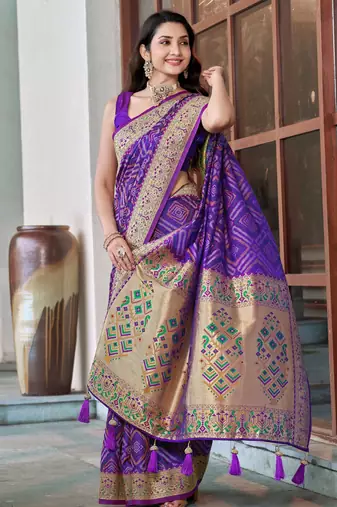 women's purple patola silk blend saree with geometric pattern