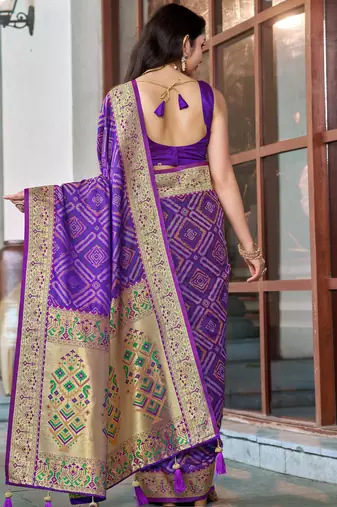 women's purple patola silk blend saree with geometric pattern
