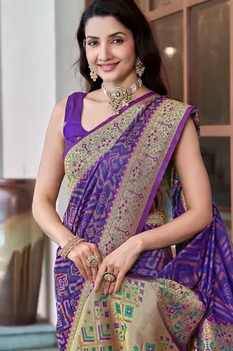 women's purple patola silk blend saree with geometric pattern