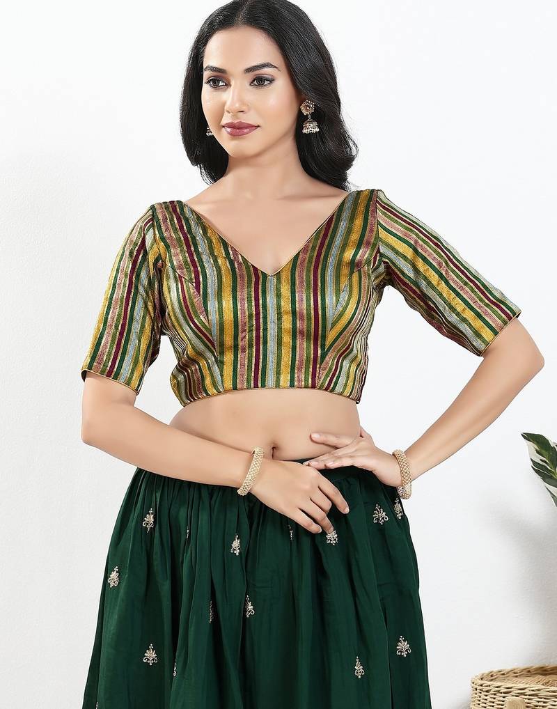 Women's brocade padded back open elbow sleeves saree blouse