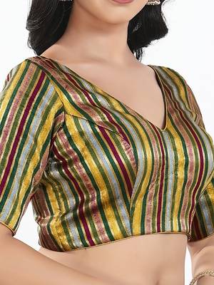 Women's brocade padded back open elbow sleeves saree blouse 4