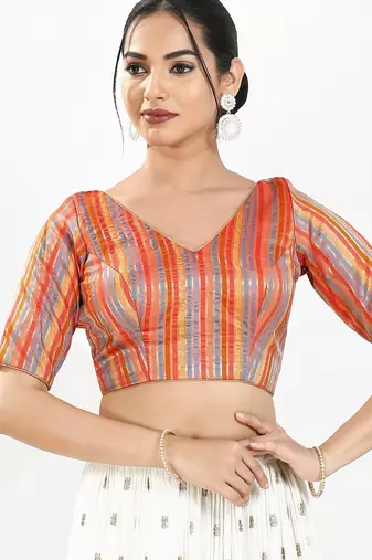 Women's brocade padded back open elbow sleeves saree blouse