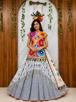white Muslin cotton digital print lehenga with dupatta mirror work navratri special chaniya choli 1