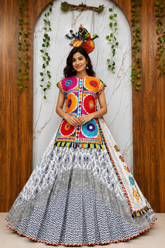 white Muslin cotton digital print lehenga with dupatta mirror work navratri special chaniya choli
