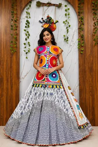 white Muslin cotton digital print lehenga with dupatta mirror work navratri special chaniya choli