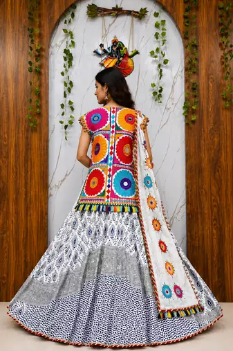 white Muslin cotton digital print lehenga with dupatta mirror work navratri special chaniya choli