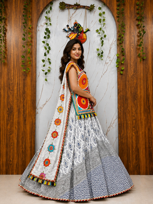 white Muslin cotton digital print lehenga with dupatta mirror work navratri special chaniya choli 3