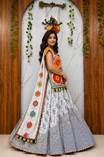white Muslin cotton digital print lehenga with dupatta mirror work navratri special chaniya choli