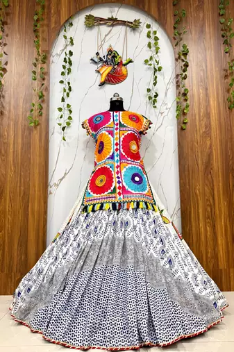 white Muslin cotton digital print lehenga with dupatta mirror work navratri special chaniya choli