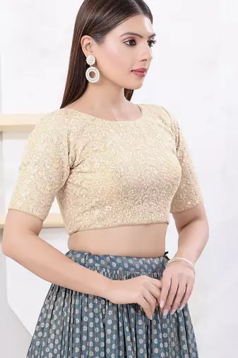 Women's shifli padded back open elbow sleeves saree blouse