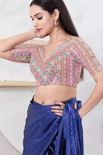 Women's shifli padded back open elbow sleeves saree blouse