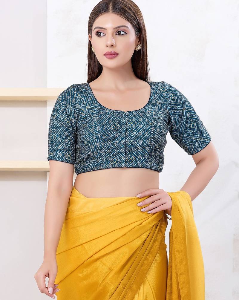 Women's art silk padded front open elbow sleeves saree blouse