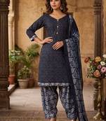 Blue printed cotton blend stitched geometric print salwar kurta dupatta for women