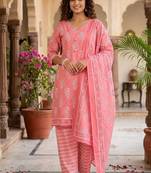 Prach printed cotton blend stitched floral print salwar kurta dupatta for women