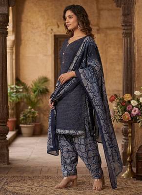 Blue printed cotton blend stitched geometric print salwar kurta dupatta for women 2