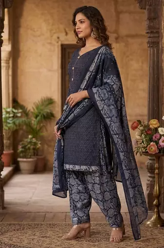 Blue printed cotton blend stitched geometric print salwar kurta dupatta for women