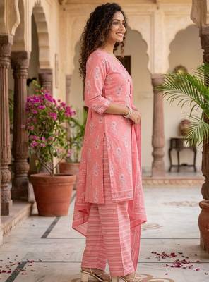 Prach printed cotton blend stitched floral print salwar kurta dupatta for women 2