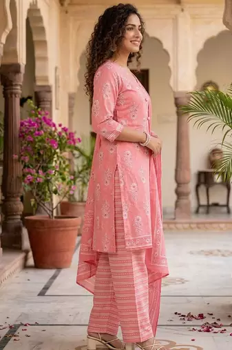 Prach printed cotton blend stitched floral print salwar kurta dupatta for women